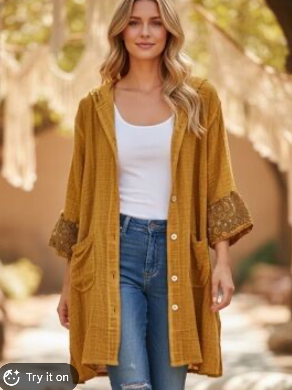 NWOT JADED GYPSY S/M Mustard Elysia Weekend
Hooded Button-Down Jacket